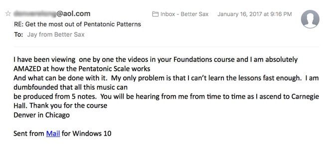 image of testimonial email about better sax play sax by ear course