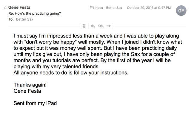 image of email testimonial about better sax play sax by ear course
